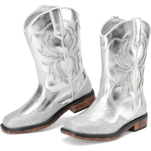 ⚡Girls Silver Square Toe Mid Calf Cowgirl Boots Western Fashion Riding Shoes - Picture 6 of 6